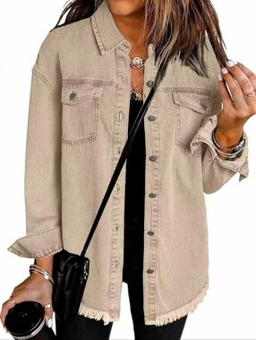 Casual Beige Button-Front Denim Shacket - Women